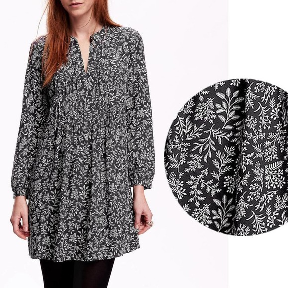 Old Navy Leaf Split Neck Long Sleeve Shirt Dress Gray & White, EUC -Size XS - Picture 8 of 10